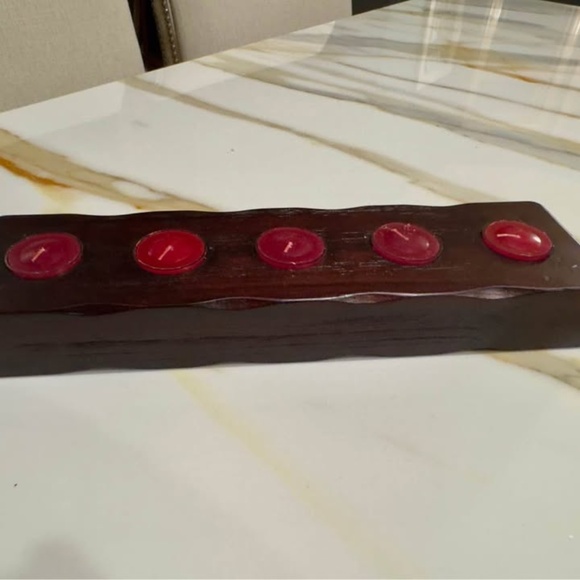 New Vintage Big Sky Natural Wood 5 Tea Light Holder w/5 New Burgundy Tea Candles - Picture 1 of 6